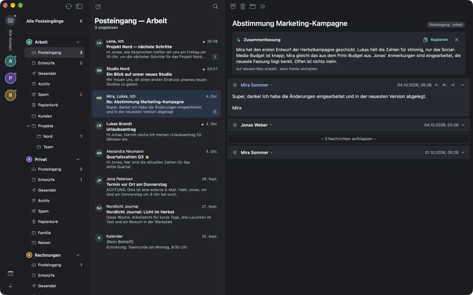 Über einem Gespräch steht eine kurze Zusammenfassung, mit dem Hinweis „Auf diesem Mac erstellt“.